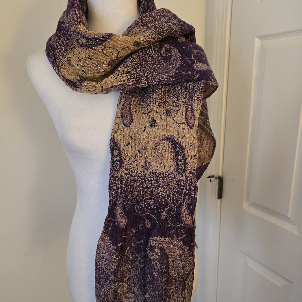 Luxurious 29 Palms Long Purple and Gold Metallic  Paisley Scarf